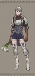 Rule 34 | 1girl, armor, boots, braid, breastplate, closed mouth, earrings, food, full body, gloves, grey eyes, grey hair, jewelry, long hair, looking at viewer, ravness loxaerion, shoulder armor, single earring, smile, solo, tactics ogre, thigh boots, thighhighs, twin braids, vegetable, windcaller