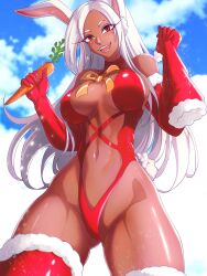 Rule 34 | 1girl, :d, absurdres, animal ears, bare shoulders, blush, boku no hero academia, bow, breasts, breasts apart, carrot, christmas, clothing cutout, cloud, cloudy sky, collar, dark-skinned female, dark skin, fur-trimmed gloves, fur-trimmed headwear, fur-trimmed thighhighs, fur trim, gloves, gluteal fold, hat, highleg, highleg leotard, highres, holding, holding carrot, holding clothes, holding hat, large breasts, leotard, long eyelashes, long hair, looking at viewer, mirko, navel, navel cutout, opalis, open mouth, orange bow, parted bangs, rabbit ears, rabbit girl, rabbit tail, red collar, red eyes, red gloves, red leotard, santa hat, sideboob, sky, smile, solo, tail, teeth, thick thighs, thighhighs, thighs, toned, very long hair, white hair