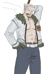 1boy belt cigar gloves hand_in_pocket jacket jitte male_focus one_piece simple_background smoker_(one_piece) smoking solo weapon white_hair