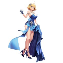 Rule 34 | 1girl, ahoge, alcohol, armlet, bare shoulders, blonde hair, blue dress, blue eyes, blue footwear, blue gloves, blue ribbon, blush, bracelet, breasts, champagne, cleavage, closed mouth, collarbone, cup, d-log, dress, drinking glass, dutch angle, flower, full body, gloves, griffon (last origin), hair flower, hair ornament, half-skirt, halter dress, halterneck, heart, heart-shaped pupils, high heels, highres, holding, holding cup, jewelry, large breasts, last origin, long dress, long skirt, looking at viewer, necklace, official alternate costume, official art, patent heels, pumps, ribbon, rose, shoes, short hair, sideboob, simple background, skirt, skirt hold, sleeveless, sleeveless dress, smile, solo, standing, stiletto heels, symbol-shaped pupils, tachi-e, third-party source, transparent background, white flower, white rose