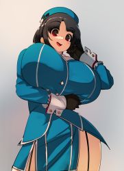 Rule 34 | 1girl, absurdres, arm up, black gloves, black hair, breasts, garter straps, gloves, grey background, hat, highres, huge breasts, kantai collection, long hair, naze, red eyes, simple background, smile, solo, takao (kancolle), thighs