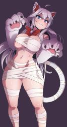 Rule 34 | 1girl, :3, ahoge, animal ears, animal hands, bandages, blue eyes, breasts, cat ears, cat girl, cat tail, cleavage, closed mouth, fang, highres, large breasts, long hair, looking at viewer, navel, ryou sakai, silver hair, skin fang, smile, smug, solo, tail, vei (vtuber), virtual youtuber, vshojo