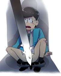 Rule 34 | 10s, 1boy, bad id, bad twitter id, black hair, clothes pull, convenient censoring, formal, male focus, matsuno karamatsu, messy hair, open mouth, osomatsu-kun, osomatsu-san, osomatsu (series), pants, pants pull, shadow, simple background, sitting, solo, spikes, suit, sweat, tears, white background, you gonna get raped