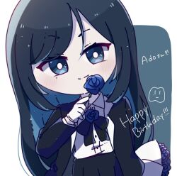 Rule 34 | 1girl, ado (utaite), black bow, black bowtie, black coat, black hair, blue eyes, blue flower, blue hair, blue rose, blush, border, bouquet, bow, bowtie, chando (ado), character name, chibi, closed mouth, cloud nine inc, coat, collared shirt, colored inner hair, commentary request, cowboy shot, dress shirt, flower, flower brooch, hair between eyes, happy birthday, holding, holding bouquet, holding flower, long hair, long sleeves, looking at viewer, mole, mole under eye, multicolored hair, oan (o annn), open clothes, open coat, outside border, rose, shirt, sidelocks, solo, translated, two-tone hair, utaite, white border, white shirt