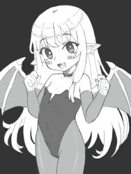 Rule 34 | 1girl, black background, blush, choker, collarbone, covered navel, cowboy shot, demon girl, demon wings, detached sleeves, earrings, fang, female focus, flat chest, highleg, highleg leotard, jewelry, leotard, long hair, looking at viewer, monochrome, open mouth, original, pointy ears, qtkat, sidelocks, simple background, smile, solo, strapless, strapless leotard, thighs, very long hair, wings