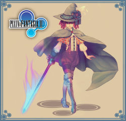 Rule 34 | 1girl, armor, blue eyes, blue fire, bow, cape, feathers, fire, glowing, glowing weapon, greaves, hat, hat bow, hat feather, lance, pixiv fantasia, pixiv fantasia 2, polearm, red hair, solo, weapon, yugume