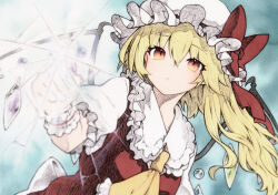 Rule 34 | 1girl, ascot, blonde hair, bow, crystal, flandre scarlet, frilled shirt collar, frills, hat, hat bow, highres, long hair, looking at viewer, mob cap, parted lips, qqqrinkappp, red bow, red eyes, red vest, shirt, short sleeves, side ponytail, solo, touhou, traditional media, upper body, vest, white hat, white shirt, wings, wrist cuffs, yellow ascot