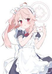 Rule 34 | 1girl, absurdres, ahoge, alternate costume, apron, black dress, blue archive, blush, dress, enmaided, frilled apron, frills, halo, heart, heart hands, highres, long hair, looking at viewer, maid, maid headdress, natsu (blue archive), open mouth, pink hair, pink halo, puffy short sleeves, puffy sleeves, red eyes, short sleeves, side ponytail, simple background, solo, suta0822, white apron, white background