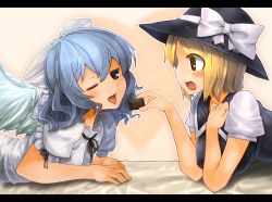 Rule 34 | 2girls, blonde hair, blue eyes, blue hair, blush, bow, brown eyes, character name, chocolate, feeding, female focus, hair bow, hat, hat ribbon, highres, letterboxed, lying, mai (touhou), multiple girls, on stomach, open mouth, psan, puffy short sleeves, puffy sleeves, ribbon, short hair, short sleeves, tongue, tongue out, touhou, touhou (pc-98), valentine, wings, wink, yuki (touhou)