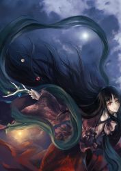 Rule 34 | 1girl, archlich, bad id, bad pixiv id, black hair, branch, female focus, houraisan kaguya, jeweled branch of hourai, long hair, looking at viewer, red eyes, sky, solo, touhou