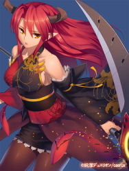 Rule 34 | 1girl, bare shoulders, blue background, copyright name, detached sleeves, horns, junketsu duelion, long hair, official art, pantyhose, pointy ears, red hair, scythe, simple background, solo, yangsion, yellow eyes, zuihou oboro