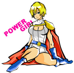 Rule 34 | 1girl, belt, blonde hair, blue eyes, blue footwear, blue gloves, boots, breasts, cape, character name, cleavage, cleavage cutout, clothing cutout, dc comics, female focus, gloves, kryptonian, leotard, power girl, red cape, shoes, short hair, sitting, solo, systemluv775