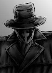 Rule 34 | 1boy, ascot, coat, dc comics, expressionless, greyscale, hat, helldoron, inkblot, looking at viewer, male focus, mask, monochrome, rorschach, scarf, solo, trench coat, watchmen