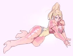 Rule 34 | 1girl, absurdres, blonde hair, blue eyes, boots, breasts, cleavage, cleavage cutout, clothing cutout, commentary, english commentary, full body, high heel boots, high heels, high ponytail, highres, invisible floor, large breasts, lying, metroid, mole, mole under eye, nintendo, norasuko, on side, ponytail, power suit, samus aran, solo, varia suit