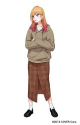 Rule 34 | 1girl, alternate costume, black footwear, brown hoodie, brown skirt, closed mouth, copyright notice, crossed arms, earrings, front slit, full body, gradient hair, hair ornament, hairclip, highres, hololive, hololive dev is, hood, hoodie, ichijou ririka, jewelry, loafers, long hair, long skirt, looking to the side, multicolored hair, official art, orange eyes, orange hair, oversized clothes, pink hair, plaid, plaid skirt, shirt, shoes, simple background, skirt, socks, solo, standing, straight-on, swept bangs, ut 66, virtual youtuber, watch, white background, white shirt, white socks, wristwatch