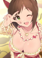 Rule 34 | 1girl, ;d, animal ears, bead necklace, beads, breasts, brown hair, cat ears, cleavage, downblouse, dress, fake animal ears, fang, fingernails, floral print, green eyes, heart, heart necklace, highres, idolmaster, idolmaster cinderella girls, jewelry, large breasts, looking at viewer, maekawa miku, mizuki makoto, nail polish, necklace, one eye closed, open mouth, pink dress, pink nails, short hair, smile, solo, v, v over eye