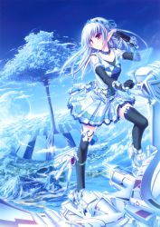 Rule 34 | 1girl, absurdres, aircraft, black gloves, black thighhighs, blue hair, blue skirt, blue sky, blue theme, day, elbow gloves, elf, flying, full body, giant tree, gloves, highres, holographic interface, huge filesize, non-web source, original, pink eyes, plant, pointy ears, purple eyes, skirt, sky, tenmaso, thighhighs, tree, zettai ryouiki