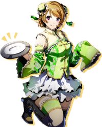 Rule 34 | 1girl, :q, blonde hair, bun cover, closed mouth, detached sleeves, green sleeves, holding, holding plate, koizumi hanayo, layered skirt, long sleeves, looking at viewer, love live!, love live! school idol project, miniskirt, nakano maru, plate, pleated skirt, red eyes, short hair, simple background, skirt, sleeves past fingers, sleeves past wrists, smile, solo, standing, standing on one leg, swept bangs, thigh strap, tongue, tongue out, white background, white skirt