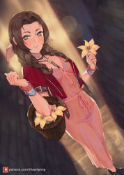 Rule 34 | 1girl, :3, absurdres, aerith gainsborough, art pimp, basket, blush, bow, bracelet, braid, braided ponytail, breasts, brown hair, cleavage, cropped jacket, dress, final fantasy, final fantasy vii, final fantasy vii remake, flower, full body, green eyes, hair bow, half-closed eyes, highres, holding, holding flower, jacket, jewelry, looking at viewer, necklace, pink dress, red jacket, seductive smile, short sleeves, smile, solo