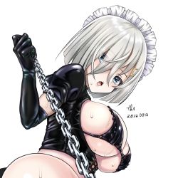 Rule 34 | 1girl, artist name, black bra, black gloves, blue eyes, blush, bra, breasts, chain, dated, elbow gloves, gloves, grey hair, hair ornament, hair over one eye, hairclip, hamakaze (kancolle), holding, holding chain, kantai collection, large breasts, maid headdress, open mouth, short hair, signature, simple background, solo, tk8d32, underwear, upper body, white background