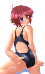 Rule 34 | 1girl, adjusting clothes, adjusting swimsuit, ass, back, blue eyes, blush, competition swimsuit, feet, from behind, highres, ishii akira, kneeling, looking back, one-piece swimsuit, red hair, short hair, solo, swimsuit