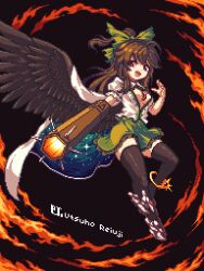 Rule 34 | 1girl, arm cannon, asymmetrical footwear, bird wings, black background, black thighhighs, black wings, bow, breasts, brown hair, cape, character name, cleavage, commentary, fire, full body, green bow, green skirt, greenapple (g apple0511), hair bow, long hair, looking at viewer, medium breasts, mismatched footwear, mixed-language commentary, open mouth, pixel art, ponytail, red eyes, reiuji utsuho, shirt, short sleeves, skirt, solo, starry sky print, thighhighs, third eye, third eye on chest, touhou, weapon, white cape, white shirt, wings