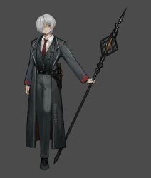 Rule 34 | 1girl, alternate universe, black coat, black pants, black vest, coat, collared shirt, dongbaek (project moon), grey background, highres, holding, holding weapon, limbus company, looking at viewer, necktie, pants, project moon, red necktie, shan23852196, shirt, short hair, simple background, solo, vest, weapon, white hair, white shirt, yellow eyes
