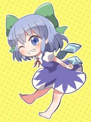 Rule 34 | 1girl, barefoot, blue dress, blue eyes, blue hair, blush, bow, cirno, collared shirt, detached wings, dress, fairy, green bow, grin, hair between eyes, hair bow, highres, ice, ice wings, one eye closed, polka dot, polka dot background, puffy short sleeves, puffy sleeves, rokugou daisuke, shirt, short hair, short sleeves, signature, smile, solo, touhou, white shirt, wings