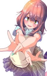 Rule 34 | 1girl, :d, brown hair, crossed arms, double w, green eyes, highres, jagi (jagi souken), long hair, nail polish, open mouth, school uniform, short sleeves, smile, solo, toki ayano, w, white background, yurucamp
