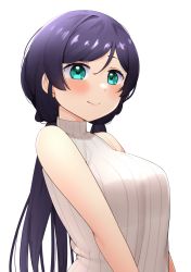 Rule 34 | 1girl, adapted costume, alternate hairstyle, aqua eyes, bare arms, blush, breasts, closed mouth, from side, highres, kooei, large breasts, long hair, looking at viewer, love live!, love live! school idol project, low twintails, parted bangs, purple hair, ribbed sweater, simple background, sleeveless, sleeveless sweater, sleeveless turtleneck, smile, solo, sweater, swept bangs, tojo nozomi, turtleneck, turtleneck sweater, twintails, upper body, v arms, white background, white sweater