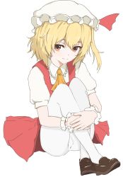 Rule 34 | 1girl, absurdres, artist request, ascot, blonde hair, bloomers, blush, flandre scarlet, full body, hair between eyes, hat, hat ribbon, highres, light smile, looking at viewer, mob cap, pantyhose, puffy short sleeves, puffy sleeves, red eyes, red ribbon, red skirt, red vest, ribbon, shirt, shoes, short sleeves, sitting, skirt, skirt set, socks, solo, split mouth, touhou, underwear, vest, white background, white hat, white shirt, white socks, wrist cuffs