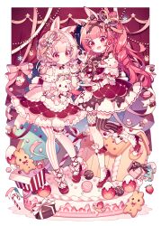 Rule 34 | 2girls, animal ears, asymmetrical legwear, bare shoulders, blue sky, blush, border, bow, cake, christmas tree, closed mouth, commentary, cookie, curtains, dot mouth, dress, food, fruit, full body, gift, hair bow, hand up, high heels, highres, holding, holding food, holding plate, holding stuffed toy, hyou (pixiv3677917), long hair, mismatched legwear, multiple girls, open mouth, original, pink bow, pink eyes, pink hair, pink ribbon, plate, puffy short sleeves, puffy sleeves, red dress, red footwear, red thighhighs, ribbon, short hair, short sleeves, single thighhigh, sky, strawberry, striped clothes, striped thighhighs, stuffed animal, stuffed rabbit, stuffed toy, symbol-only commentary, thighhighs, vertical-striped clothes, vertical-striped thighhighs, white thighhighs, wrist cuffs