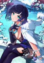 Rule 34 | 1girl, absurdres, asymmetrical gloves, blue hair, blush, bracelet, breasts, choker, cleavage, clothing cutout, commentary request, crossed legs, dice, earrings, eyelashes, fur-trimmed jacket, fur trim, genshin impact, glint, gloves, green eyes, hand up, highres, jacket, jacket on shoulders, jewelry, large breasts, lipstick, looking at viewer, makeup, mismatched gloves, mole, mole on breast, outdoors, short hair, sitting, solo, sparkle, tassel, tate yukimi, thigh cutout, water, water drop, white choker, yelan (genshin impact)