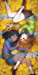 Rule 34 | androgynous, bandaid, bandaid on knee, bandaid on leg, brown hair, chara (undertale), closed eyes, collared shirt, flower bed, frisk (undertale), gender request, hakyeong sung, heart, heart necklace, highres, jewelry, knife, lying, necklace, parted lips, partially colored, red eyes, shirt, shoes, shorts, smile, socks, spoilers, stick, striped clothes, striped shirt, symmetry, undertale