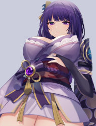 Rule 34 | 1girl, armor, breasts, bridal gauntlets, commentary, commission, cowboy shot, english commentary, flower, genshin impact, grey background, hair ornament, hand on own stomach, highres, ikazu401, japanese clothes, kimono, large breasts, long hair, looking at viewer, mitsudomoe (shape), mole, mole under eye, obi, obiage, obijime, open mouth, parted lips, purple eyes, purple flower, purple hair, raiden shogun, ribbon, sash, shoulder armor, simple background, solo, tassel, tomoe (symbol)