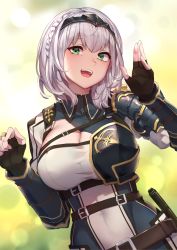 Rule 34 | 1girl, :d, absurdres, armor, belt, belt buckle, black gloves, black hairband, blurry, blurry background, blush, braid, breastplate, breasts, buckle, cleavage, covered navel, depth of field, fingerless gloves, gloves, green eyes, hairband, highres, hololive, large breasts, looking at viewer, mole, mole on breast, mr.lime, open mouth, shirogane noel, shirogane noel (1st costume), short hair, shoulder armor, silver hair, smile, solo, teeth, upper body, upper teeth only, vambraces, virtual youtuber