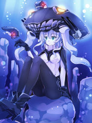 Rule 34 | 10s, 1girl, abyssal ship, blue eyes, bodysuit, bubble, fish, grey hair, hat, kantai collection, mirai denki, pale skin, solo, underwater, wo-class aircraft carrier