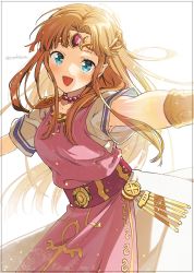 Rule 34 | 1girl, aqua eyes, armlet, bead necklace, beads, blonde hair, blush, circlet, commentary request, dress, highres, jewelry, long hair, looking at viewer, necklace, nintendo, open mouth, pointy ears, princess zelda, sephikowa, short sleeves, simple background, solo, super smash bros., the legend of zelda, the legend of zelda: a link between worlds, twitter username, upper body, very long hair, white background