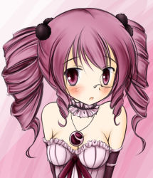 Rule 34 | 1girl, bad id, bad pixiv id, bare shoulders, blush, breasts, detached collar, drill hair, gloves, greed packet unlimited, jewelry, monocle, necklace, pink background, purple eyes, purple hair, purple theme, solo, sony ericsson (greed packet unlimited), tapioka (coconuts), twin drills, twintails