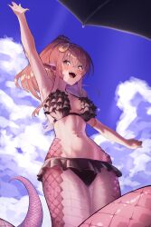 Rule 34 | 1girl, absurdres, arm up, armpits, bikini, black bikini, blue sky, blush, breasts, cloud, collarbone, commission, commissioner upload, ekrea jan, fangs, frilled bikini, frills, from below, hair between eyes, hair ornament, highres, lamia, long hair, looking at viewer, medium breasts, miia (monster musume), monster girl, monster musume no iru nichijou, navel, open mouth, outdoors, pointy ears, ponytail, red hair, scales, sidelocks, skeb commission, sky, slit pupils, solo, sweat, swimsuit, teeth, upper teeth only, very long hair, wide hips, yellow eyes