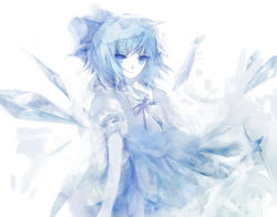 Rule 34 | 1girl, bad id, bad pixiv id, blue hair, blue theme, cirno, female focus, icc, ice, light smile, looking at viewer, monochrome, no lineart, solo, embodiment of scarlet devil, touhou, white background, wings
