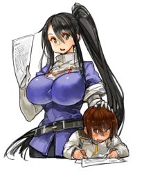 Rule 34 | 10s, 1boy, 1girl, belt, black eyes, black hair, black skirt, breasts, brown eyes, brown hair, elbow gloves, gloves, hand on another&#039;s head, holding paper, kantai collection, large breasts, little boy admiral (kancolle), long hair, military, military uniform, nachi (kancolle), open mouth, paper, sachito, short sleeves, side ponytail, simple background, skirt, uniform, very long hair, white background, white gloves