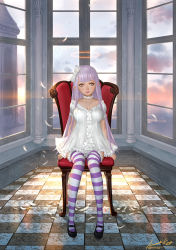 Rule 34 | 1girl, ariverkao, bow, breasts, brown eyes, choker, collarbone, dress, feathers, hair bow, indoors, large breasts, long hair, looking at viewer, mary janes, original, pointy ears, shoes, silver hair, sitting, solo, striped clothes, striped thighhighs, thighhighs, white dress, window
