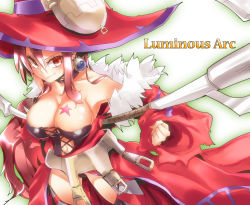 Rule 34 | 1girl, bare shoulders, breasts, choker, cleavage, copyright name, corset, detached sleeves, earrings, gloves, hat, highres, jewelry, large breasts, long hair, luminous arc, pink hair, smile, solo, star (symbol), tattoo, toriol 3, vanessa (luminous arc), very long hair, witch, witch hat