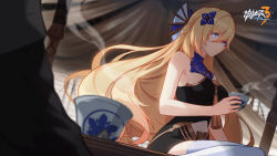 Rule 34 | 1girl, bare shoulders, bianka durandal ataegina, bianka durandal ataegina (valkyrie gloria), blonde hair, blue eyes, blurry, blurry background, breasts, closed mouth, depth of field, dutch angle, flower, hair between eyes, hair flower, hair ornament, highres, honkai (series), honkai impact 3rd, indoors, long hair, medium breasts, navel, official art, sitting, solo focus, steam, thighhighs, very long hair, white thighhighs
