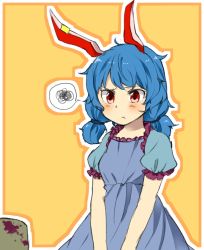 Rule 34 | 1girl, animal ears, bad id, bad pixiv id, blue dress, blue hair, blush, rabbit ears, closed mouth, dress, ear piercing, embarrassed, highres, looking at viewer, orange background, outline, piercing, pout, puffy short sleeves, puffy sleeves, red eyes, sasa kichi, seiran (touhou), short sleeves, simple background, solo, speech bubble, spoken squiggle, squiggle, touhou, upper body