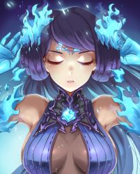 Rule 34 | 1girl, artist request, breasts, brighid (xenoblade), cleavage, collarbone, closed eyes, fire, horns, long hair, nintendo, purple hair, simple background, solo, turtleneck, weapon, xenoblade chronicles (series), xenoblade chronicles 2, xenoblade chronicles (series), xenoblade chronicles 2