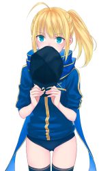 Rule 34 | 1girl, ahoge, aqua eyes, artoria pendragon (fate), baseball cap, blonde hair, blue eyes, blue scarf, blush, buruma, covering own mouth, cowboy shot, fate/grand order, fate/stay night, fate (series), green eyes, gym uniform, hat, highres, holding, holding clothes, holding hat, jacket, looking at viewer, mysterious heroine x (fate), nipi27, ponytail, rojiura satsuki : chapter heroine sanctuary, scarf, solo, thighhighs, track jacket, unworn hat, unworn headwear, white background