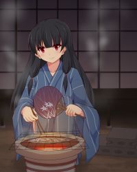 Rule 34 | 10s, 1girl, black hair, chopsticks, hand fan, fish, grill, hakuhou (ende der welt), isokaze (kancolle), japanese clothes, kantai collection, long hair, looking at viewer, paper fan, red eyes, shichirin, sitting, solo, uchiwa