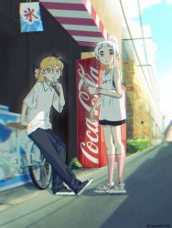 Rule 34 | 2girls, :o, bicycle, black pants, blonde hair, blue eyes, blurry, blurry background, brick wall, brown eyes, bush, camisole, character request, chromatic aberration, clothes writing, coca-cola, collared shirt, copyright request, day, depth of field, food, hair between eyes, hair bun, hanemi, highres, holding, holding food, kneehighs, multiple girls, outdoors, pants, pink scrunchie, pink socks, popsicle, power lines, sandals, scrunchie, shirt, shoes, short hair, short sleeves, single hair bun, sneakers, socks, standing, summer, vending machine, white camisole, white hair, white shirt, wrist scrunchie